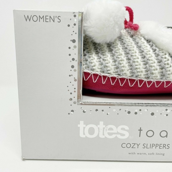Isotoner Toasties Totes Women's Grey/Pink Striped Knit Mule Plush Slippers S 6-7 - Picture 4 of 8
